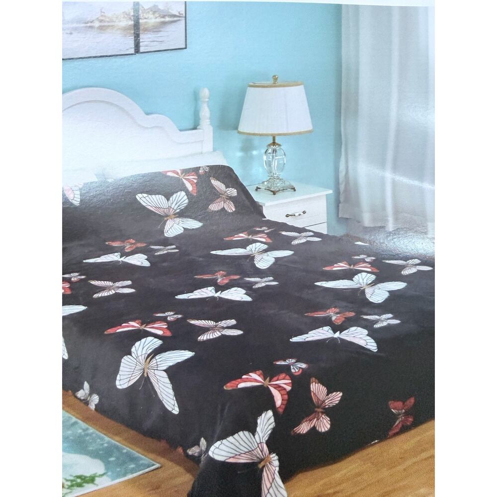 Mariposa Black Queen Size Rabbit Plush Blanket with Pink Butterflies NWT